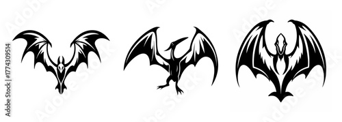 Three striking gothic winged creature silhouettes ideal for fantasy art tattoo design and gaming
