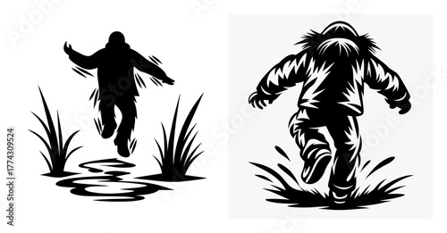 Energetic figure leaping through a puddle captures the joy of outdoor adventures and playful splashes