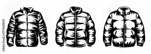 Three puffy coats showcased featuring detailed quilting and zipper fronts perfect for cold weather apparel