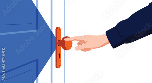 A person's hand reaches for an orange doorknob on a blue door, representing themes of entry, access, and opportunity.