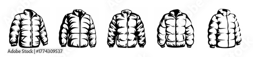 Collection of five monochrome line art sketches of puffer jackets showing different angles and details of the garment