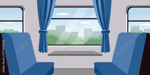 Train Carriage Interior with Cityscape View. Railway Passenger Seating Area. Public Transport Train Seat Design. Train Compartment Seat Illustration