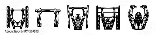 Icon set featuring a pull-up bar fitness equipment and abstract symbolic representations for exercise and strength training