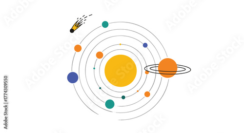 A colorful and simplified illustration of a solar system with planets orbiting the sun, featuring Saturn with its rings and a passing comet.