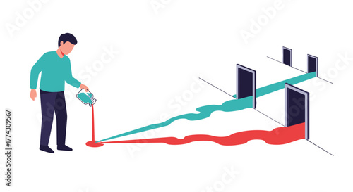 A man pours red liquid, creating a distinct stream that parallels a turquoise stream, both flowing through multiple open doorways.