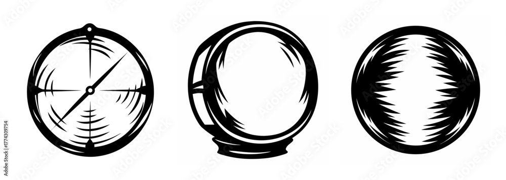 Fototapeta premium Three circular objects a compass a lens and a sphere rendered in a sketch style artistic depiction
