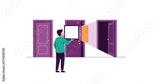 A person uses a digital screen to visualize an alternative or opportunity within a door, symbolizing choices and future possibilities.
