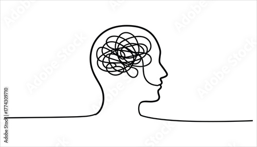 Black line drawing of a human head profile with tangled lines inside the brain area mind thinking
