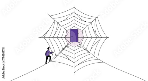 A person navigates an intricate spiderweb leading to a glowing purple door, symbolizing a journey into the unknown, digital exploration, or overcoming challenges.