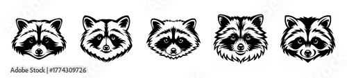 Collection of five distinct raccoon face graphic designs for creative projects