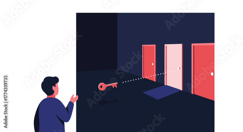 A person observes a key floating towards an open door, symbolizing problem-solving and the path to a new opportunity.