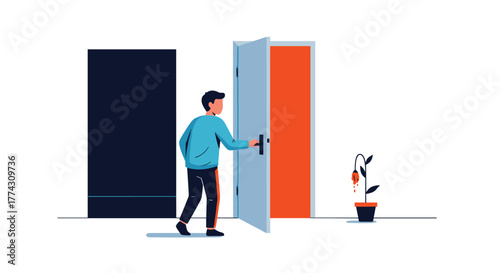 A person opens a door, leaving a dark place behind to enter a room with a withered plant, symbolizing new beginnings, challenges, and transition.