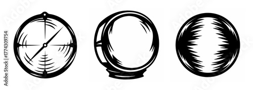 Three circular objects a compass a lens and a sphere rendered in a sketch style artistic depiction