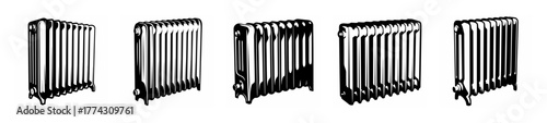 Five black and white sketch representations of a radiator's heat fins showing intricate vertical detailing and texture