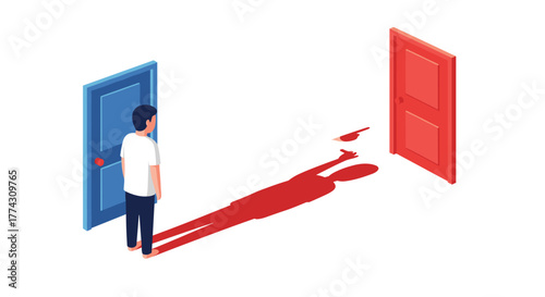 A man confronts a pivotal decision, standing before two doors, his vivid red shadow stretching forward, hinting at a difficult and significant choice.
