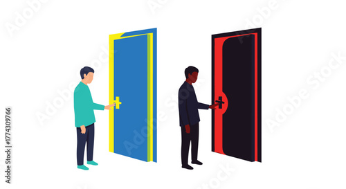 Two men stand ready to open distinctly colored doors, symbolizing choices, opportunities, and different paths in life.