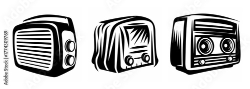 Three vintage radio devices displayed side by side featuring retro design and classic audio technology aesthetics