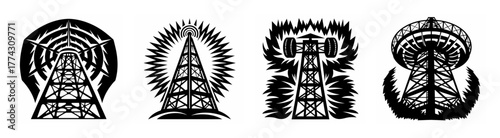 Four black and white graphic depictions of communication towers in a row with intricate detail and stylized forms.
