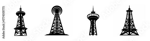 Collection of silhouette radio towers transmission antennas broadcast communication infrastructure various designs on
