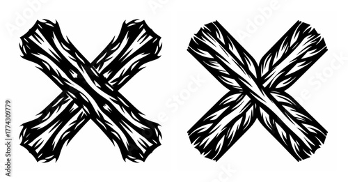 Two hand-drawn railroad crossing signs with textured wood grain crossbars