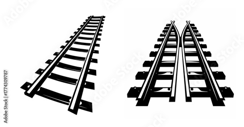 Perspective railroad tracks image showing a single track and a bifurcating set of tracks