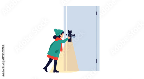 A young person in winter clothing casts a playful cat silhouette onto a light blue door with a novelty flashlight.
