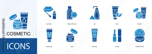 cosmetic icon collection set. Containing Lip Gloss, Makeup Remover, Gel, Lotion, Skincare icon