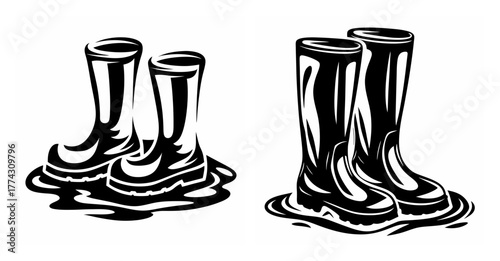 Two pairs of black rain boots standing in puddles simple illustration for weather and outdoor activities
