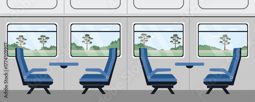 Train Interior with Scenic Window View. Business Class Passenger Seat on Train. Premium Railway Business Class Interior. Luxury Business Class Train Seat