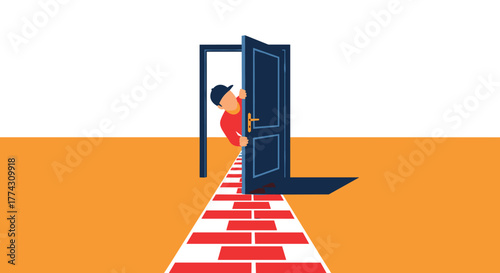 A curious person peeking from behind an open door at the end of a red brick path, symbolizing new opportunities or exploration.
