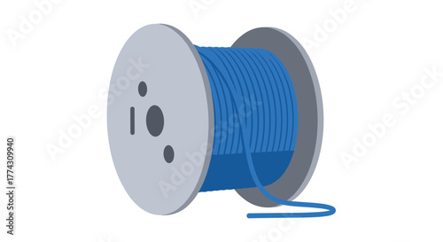 A gray industrial spool holds a tightly wound coil of bright blue cable, with a section of the wire extending outwards, ready for use.