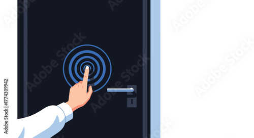 A person's hand touches a smart door with a glowing blue ripple effect, indicating a modern keyless entry or biometric scanning system.