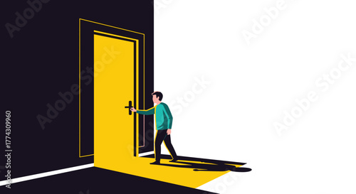 A man steps out of a dark room into a brightly lit space through an open yellow door, symbolizing new opportunities and beginnings.