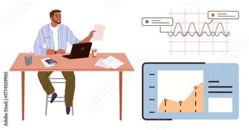 Man at a desk reviewing documents and data on laptop, surrounded by graphs and analytics. Ideal for business, entrepreneurship, analysis, strategy, data insights, presentations, simple flat metaphor