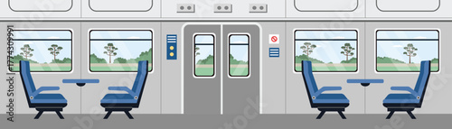 Train Interior with Scenic Window Views. Executive Class Train Compartment Seat. Modern Business Class Train Cabin. First Class Business Seating in Train