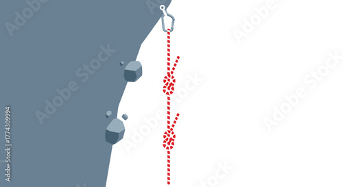 A climbing rope with two safety knots attached to a carabiner on a rock wall, illustrating a secure anchor point.