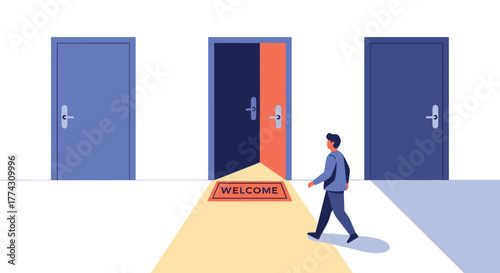 A man walks towards an open door with a welcome mat, symbolizing new opportunities, choices, and future paths.