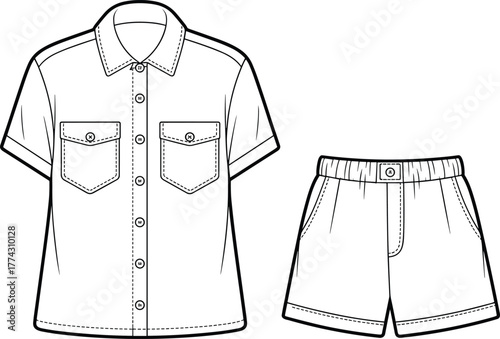 Short-sleeve shirt and shorts technical sketch, outfit flat template, fashion CAD drawing, apparel design vector, clothing illustration, front view flat vector