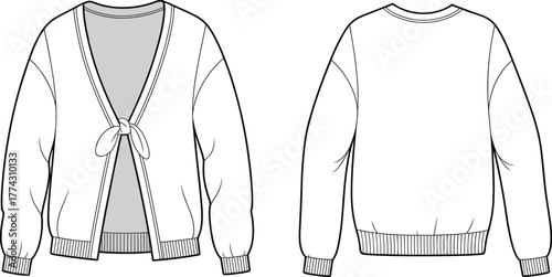 Tied-front cardigan technical sketch, sweater flat template, fashion CAD drawing, apparel design vector, front and back views, clothing illustration, flat vector