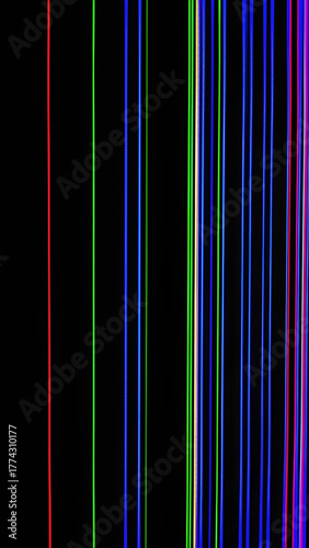 Technical Difficulties Screen Background with Colorful RGB Vertical Glitch Lines on Black, Abstract Digital Error Display Pattern, Futuristic Tech Aesthetic