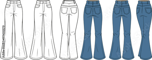 Flared jeans technical sketch, denim pants flat template, fashion CAD drawing, apparel design vector, front back side views, clothing illustration, flat vector