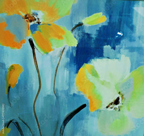 Vibrant Abstract Floral Oil Painting with Blue and Yellow Petals on Canvas | Modern Artistic Wall Art for Home Decor