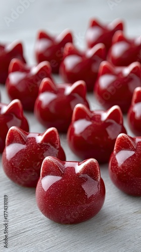 A Symmetrical Arrangement Of Shiny Red Lucky Cat Figurines With White Speckles On A Textured Light Grey Surface