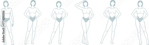 Female fashion croquis template set with short hair poses, vector body outline for apparel design, garment sketch reference for illustrators