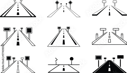 Collection of Stylized Road and Highway Icons with Signage