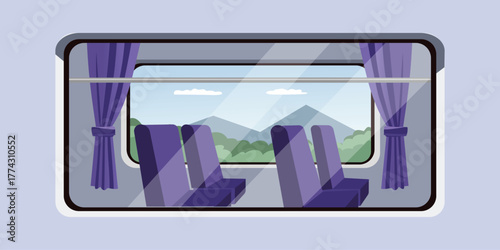Train Window View with Mountain Landscape and Empty Seats. Passenger Train Exterior with Windows. Outside View of Railway Car Windows