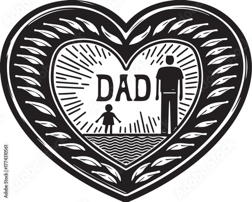 Heart shape with father and child silhouette and text dad

