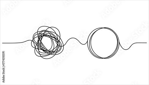 Black continuous line drawing showing a tangled mess transforming into a neat circle on white background