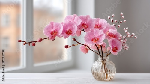 Close Up Delicate Pink Orchid Blossoms In A Crystal Vase On A White Table With Natural Light From A Window In The Background