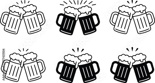 Six Cheers: Stylized Beer Mugs Clinking with Foam